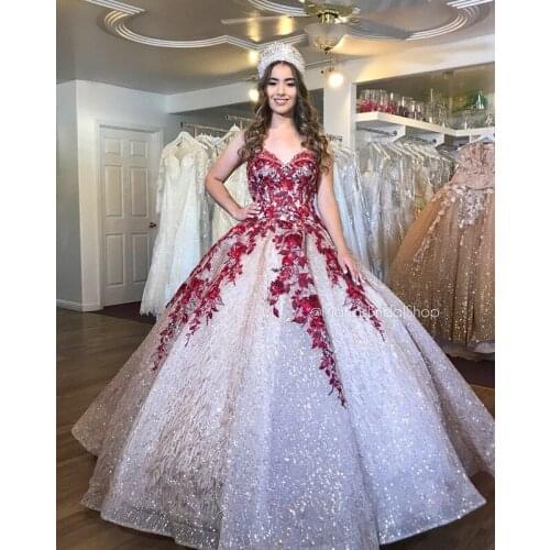Gold Sparkly Sexy burgundy Lace Beaded Quinceanera Prom dresses Sexy Sweetheart Sequined Ball Gown Evening Party Sweet 16 Dress