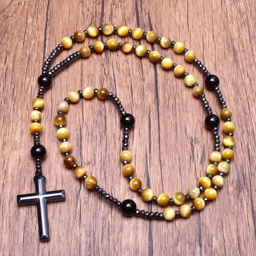 Golden Tigers Eye Onyx Rosary with Hematite Cross Long Necklace for Man Catholic Religious Natural Stone Rosary Jewelry