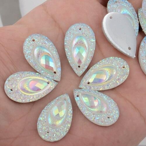 BOLIAO AB Crystal 10Pcs 15*27(0.59*1.06 In) White Drop Flat Back AB Color Resin Sew on Clothes/Home Holiday Decoration DIY