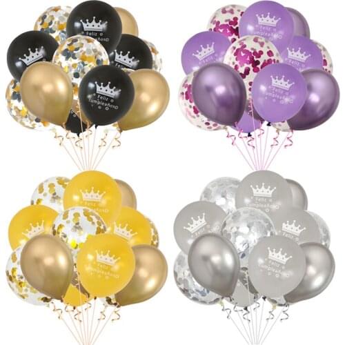 15pcs/lot Spanish Feliz Cumpleaños Latex Balloons Metallic Chrome Confetti Air Globos Happy Birthday Party Decoration Supplies