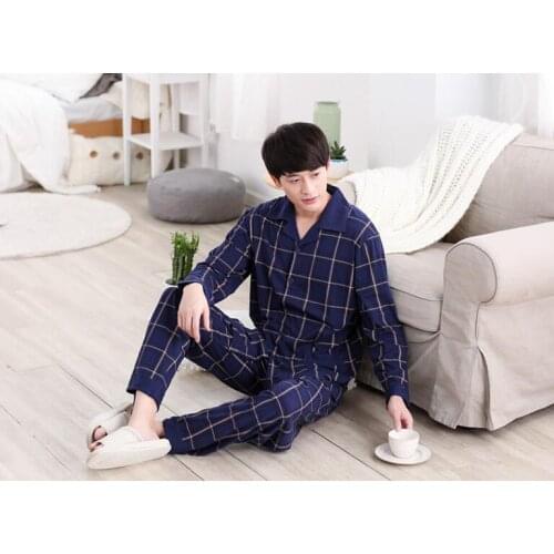 2019 new arrival fashion men sleeping cloths turn-down collar dark blue plaid coat free shipping