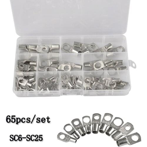 65PCS Wire Connector SC Tinned Copper Ring Lug Terminals for Battery Bare Cable Electric Wire Crimp Terminal SC6-SC25