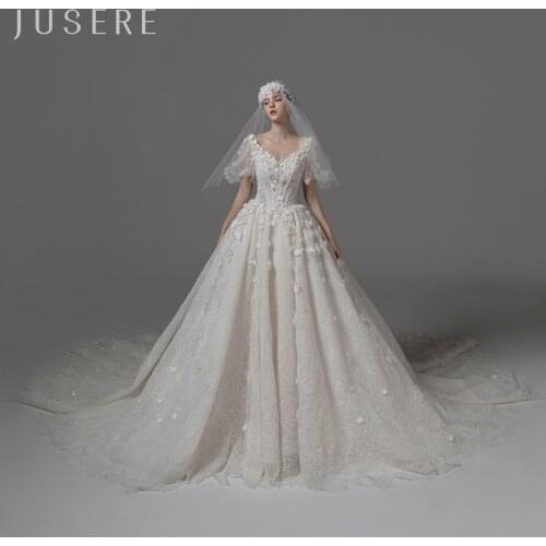Jusere V-neck ball gown bridal dress wedding dress bridal gown puffy sleeves flower dress cathedral train