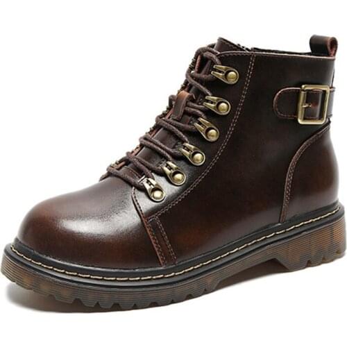 Spring College Style Winter Round Toe Thick Heels Ankle Boots Autumn New Leather Shoes Female British Lace-Up Black Oxford Shoes