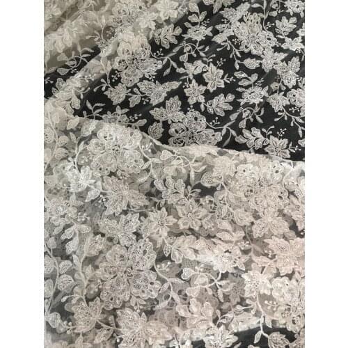 Handmake Beads Beautiful Bridal Lace Fabric Ivory Wedding Dress Fabric Grass Tulle Lace 135cm width sell by 15 yard