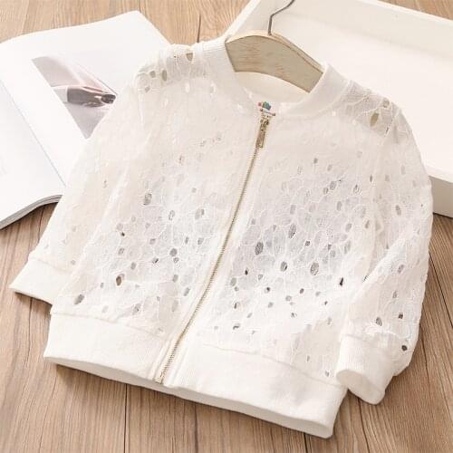 2021 New Spring Autumn Summer 2 3 4 6 8 10 12 Year Long Sleeve Sunscreen White Flower Hollow Out Kids Baby Girl Baseball Jacket
