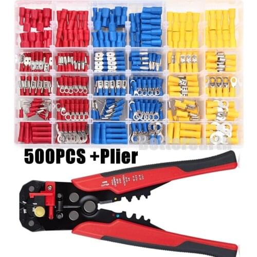 500PCS Insulated Cable Connector Electrical Wire Crimp Spade Butt Ring Fork Set Ring Lugs Rolled Terminals +Wire Stripper Plier