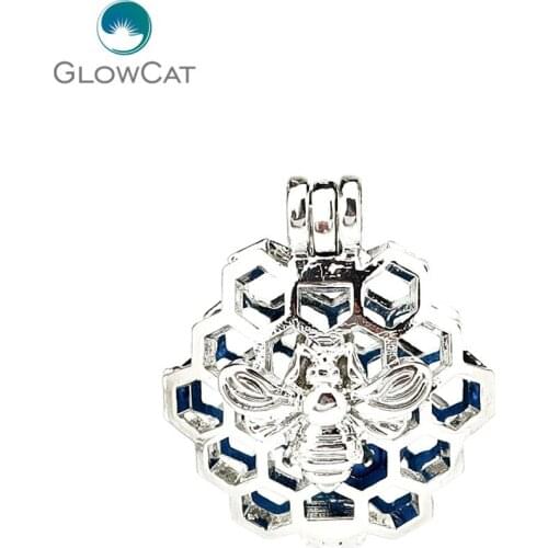 K1177 5pcs/lot Silver Bee Hollow Honeycomb Beads Stone Cage Pendant Locket Fairytale Party Essential Oil Diffuser