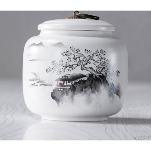 Ceramic Large Half Catty Pack Tea Caddy Handmade Ink Painting Storage Tank Sealed Canister Pu'er Black Tea Green Tea Cans