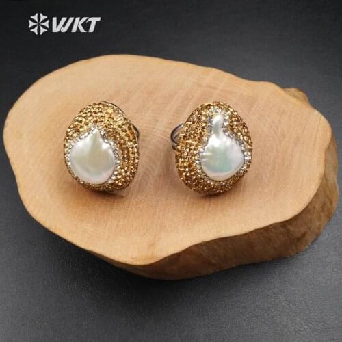 WT-RR002 Wholesale Elegant Custom Micro Paved Pearl Rings Gold Color Adjustable Rings Noble Temperament Fashion Jewelry Making
