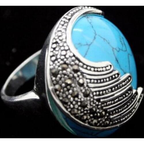 Fashion jewelry Free Shipping wholesale NEW Blue Natural jade Marcasite 925 Sterling Silver Ring Size 7/8/9/10