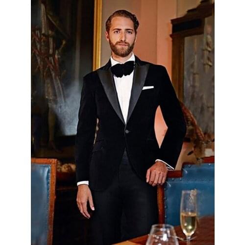 Handsome Velveteen Groomsmen Peak Lapel Groom Tuxedos Wedding Dress Men Suits Blazer Prom Dinner (Jacket+Pants+Tie) K371