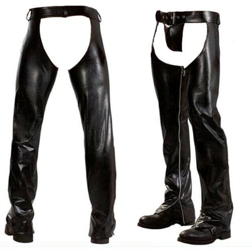 Sexy Men PU Leather Open Crotch Long Johns Skinny Novelty Trousers and G-String Muscle Tights Fetish Costume