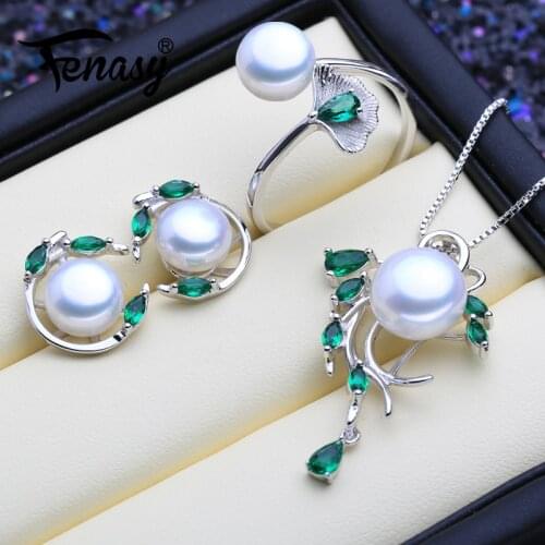FENASY 925 Sterling Silver Emerald Pearl Jewelry Sets Natural Stud Earrings Bohemian Pendant Necklace Women Green Stones Ring