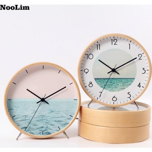 NOOLIM Nordic Ocean Pattern Clock Modern Minimalist Creative Clock Living Room Decoration Mute Desktop Solid Wood Clock