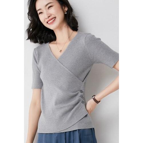 Spring and Autumn 2021 New Short-Sleeved Knit Sweater V-Neck Pullover Bottoming Side Buttoned T-Shirt Slim Female Trend 60110
