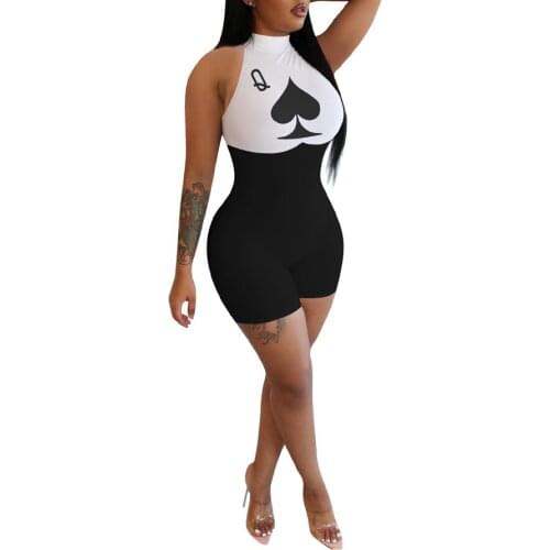 New Fashion Women Ladies Summer Sexy Casual Playsuits Jumpsuit Poker Q Printing Slimming Mid Waist Short Rompers Black Red Pink