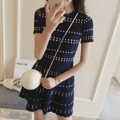 New Summer Fashion Womens Knitted Striped Skirt Suit Set Two-piece Female Girls Casual O-Neck Elastic Waist Clothing Sets