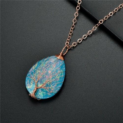 Fashion Handmade Tree of Life Copper Wire Wrapped Pendant Necklace Blue Crystal Healing Drop Necklace Jewelry Gifts