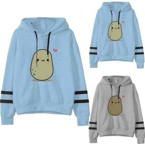 S-3XL Fashion Women Casual Loose Long Sleeve Striped Cute Potatoes Expression Print Sweatshirt Drawstring Tops Couple Outfit