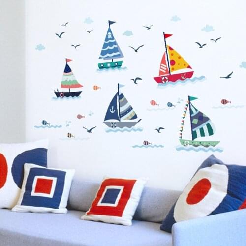 Cartoon Sailboat Wall Stickers for Bathroom Ocean Seagull Home Decor Kids Room Decoration Fish Wall Decals Waterproof Removable