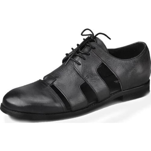 Retro Rome Summer Business Man Casual Lace Up Sandals Hollow Out Breathable Genuine Leather Gladiator Block Low Heels Men Shoes