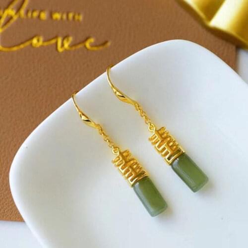 Natural Hetian Jade Green Jade Double XI-Shaped Earrings Antique Style S925 Sterling Silver Earrings Elegant Long Chinese Style