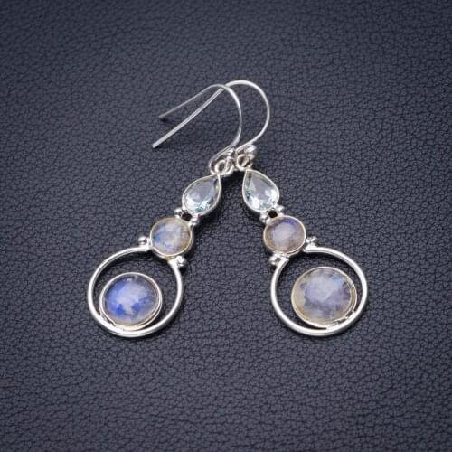 StarGems Natural Rainbow Moonstone And White Topaz Handmade 925 Sterling Silver Earrings 1.75" D6578