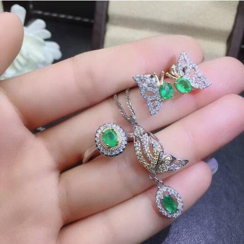 Wedding Best Gift set Natural Real Emerald 925 sterling silver 1pc Emerald pendant,1pc Emerald ring,2pcs Emerald Earring