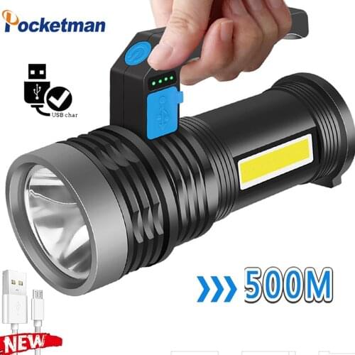 USB Rechargeable Long Shot Use Super Bright Portable Strong Light LED Lamp + COB Side Light Built in Battery Camping Searchlight