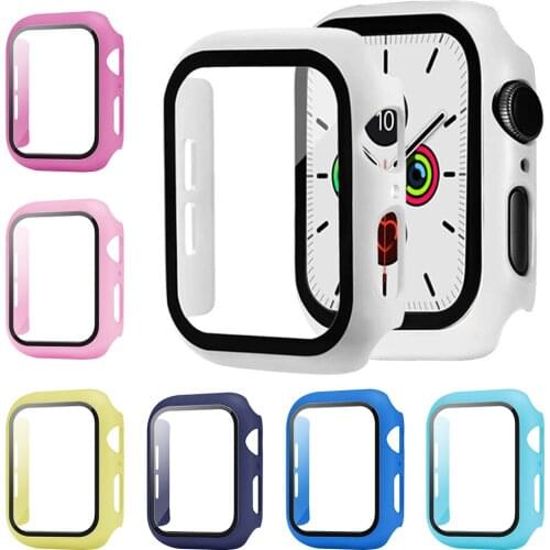 Tempered Glass+ Plastic Watch Cover For Apple Watch Case 44mm 40mm 42mm 38mm Bumper+Screen Protector For Iwatch SE 6 5 4 3 2 1
