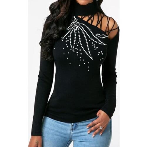 2021 Diamond Hollow Out Women Long Sleeve T Shirt Off Shoulder Cross Sexy Clothes Cut Out Diamonds Solid Color Fashion T-shirts