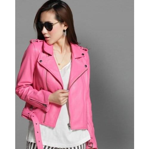 2020 New Pink Light Blue Genuine Women Sashes Real Sheep Leather Motorcycle Biker Jackets Ladies Slim Short Coat jaqueta