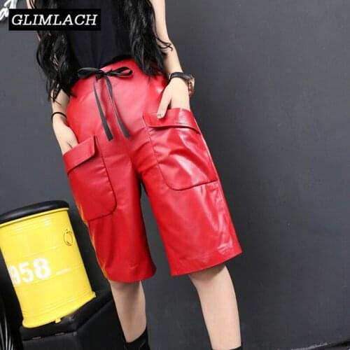2020 New Spring Real Leather Half Length Harem Pants Women Hip Hop Big Pockets Genuine Leather Wide Leg Short Pant Loose Female