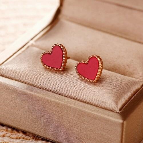 Korean Style Simple Sweet Black Red Shell Inlaid Heart Shape Women Earrings Female No Fade Stainless Steel Stud Earring Jewelry