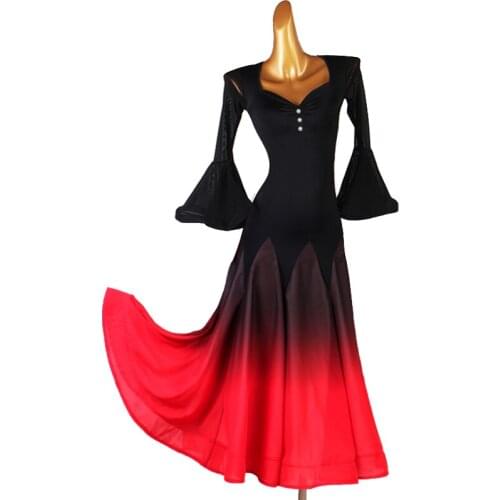 Custom Womens Ballroom Dance Dress Splicing Performance Flared Sleeves Big Hem