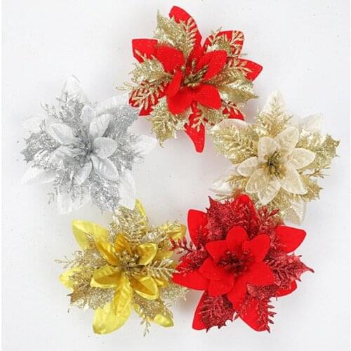10pcs Glitter Christmas Flower Artificial Flowers Merry Christmas Decorations For Home Xmas Tree Ornaments New Year Gift
