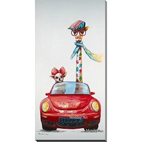100% Hand Painted Oil Painting Cute Animal Road Trip Ready to Hang Happy Trip Giraffe Animal Lovely Art Pictures Home Decor Gift