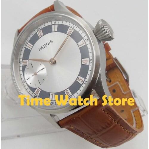 43mm Parnis Mens Mechanical Wristwatch 6497 Hand Winding Watch Brushed Case Sapphire Crystal Silver Dial Brown Leather Strap