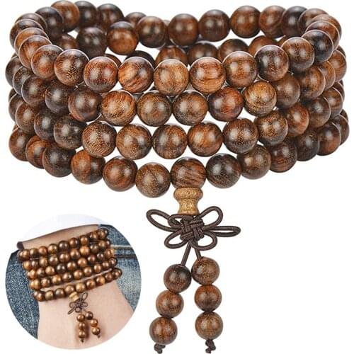 6mm Natural Sandalwood Buddhist Buddha Wood Beads Bracelets Prayer Beaded Knot 4-Layer Wrist Chain Men Women Bracelet Bangles