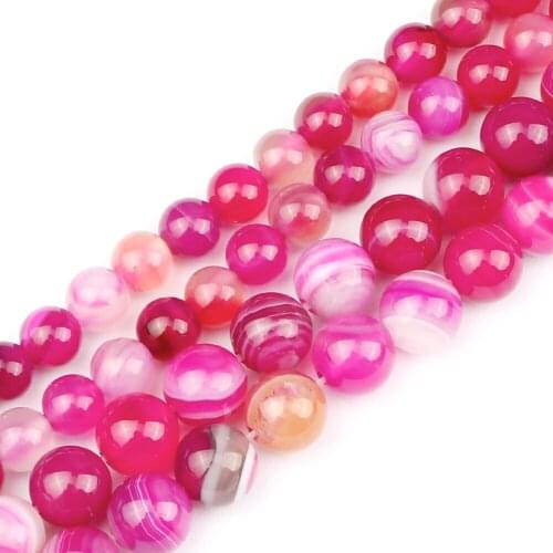 Wholesale 6 8MM Rose Red Striped Agate Beads Natural Onyx Round Loose Stone For DIY Jewelry Making Women Handmade Gift Charm New