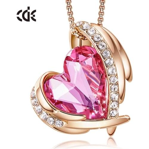 CDE Women Gold Necklace Pendant Embellished with Crystals from Swarovski Pink Heart Necklace Angel Wing Jewelry Mom Gift
