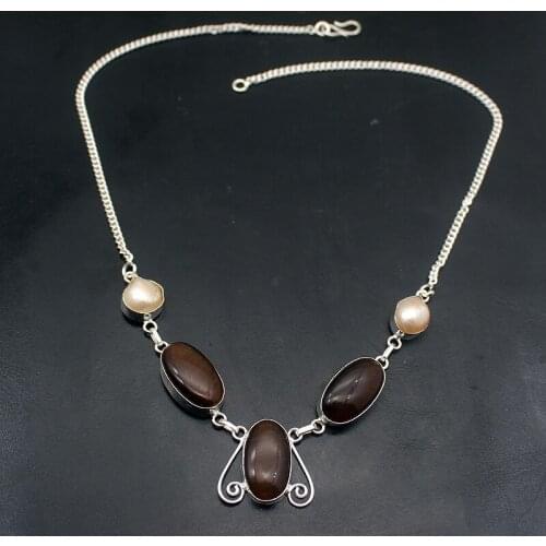 Hermosa Natural Tigers Eye White Pearl Silver Color Chain Necklace 18 inch A904