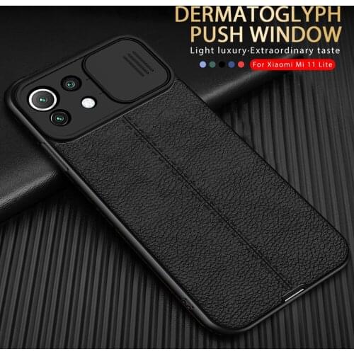 Lychee Patten Soft Bumper Silicone Back Cover For Xiaomi Mi11 Lite Push Window Camera Protection Case Xiomi Mi 11 Light 11Lite
