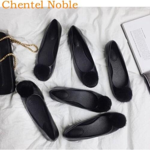 Chentel Newest Mink Ball Casual Flats Shoes For Womens Classic Soft Bottom Fashion Real Leather Breathable Female Black Color