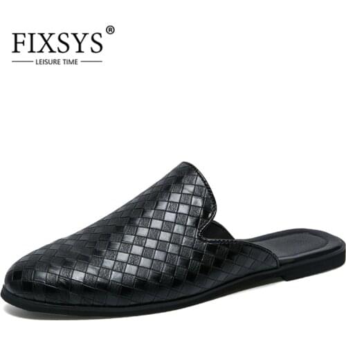 FIXSYS Fashion Men Half Loafers Pu Leather Slipper Weaving Loafer Slides Breathable Mules Outdoor Lightweight Casual Shoes