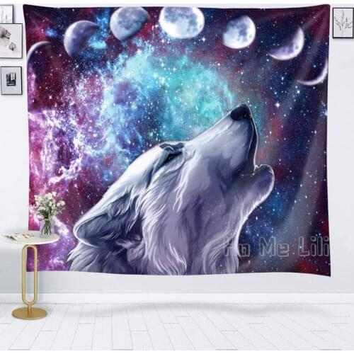 Wolf Space Moon Wolves In Starry Night Sky Tapestries Galaxy Animal Wall Tapestry For Bedroom Living Room Dorm