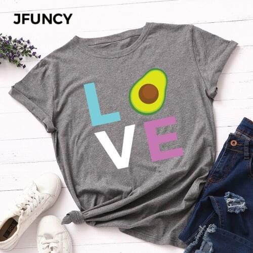 JFUNCY Plus Size Avocado Love Print T-shirt Korean Women Cotton Tshirt Summer Tees Tops Short Sleeve Woman T Shirt Female Shirts