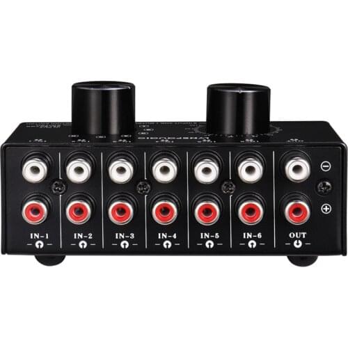 6 Input 1 Output Switcher Audio Source Selection Switcher RCA Audio Input Signal Selector Switch with Volume Adjustment and Manu