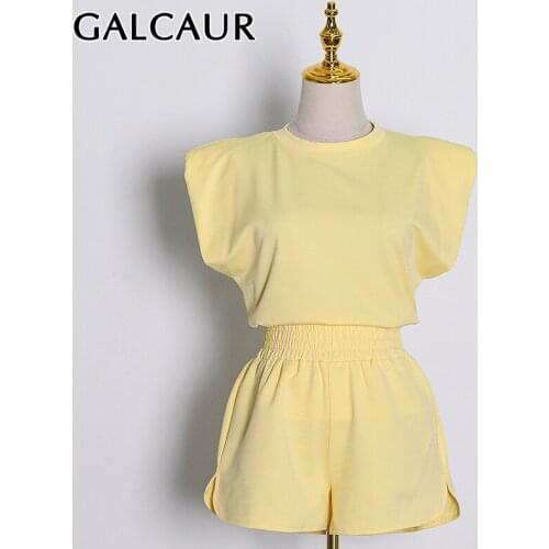 GALCAUR Solid Two Piece Set For Women O Neck Sleeveless Pullovers High Waist Loose Shorts Summer Sets Female 2021 Clothing Tide